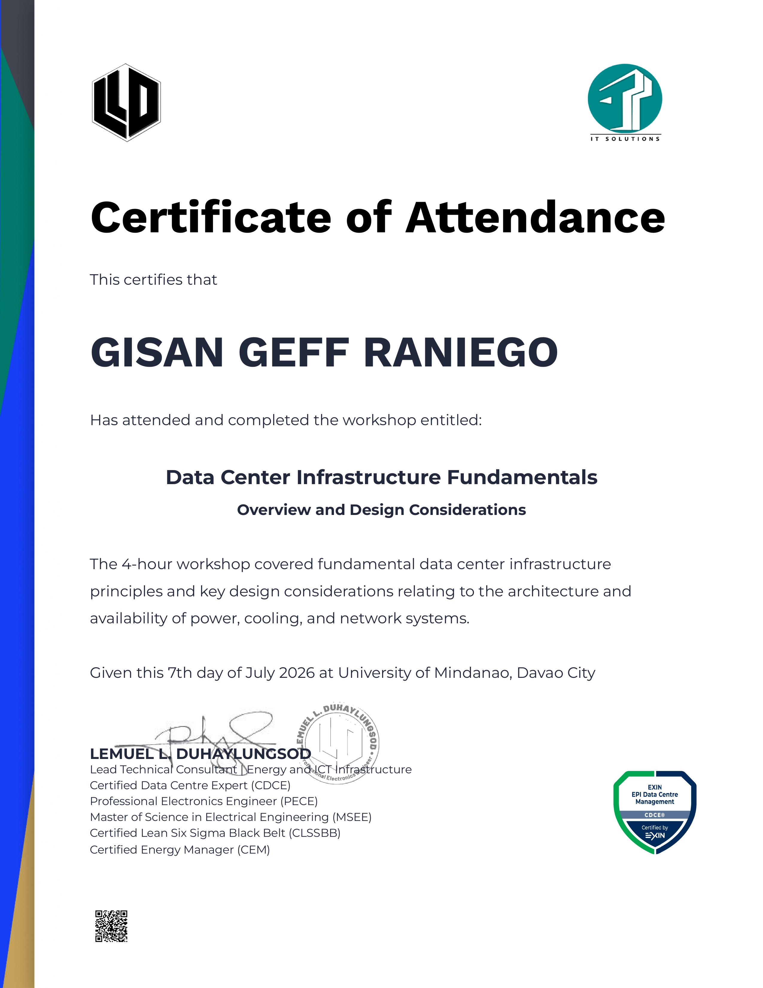 Data Center Infrastructure Fundamentals certificate